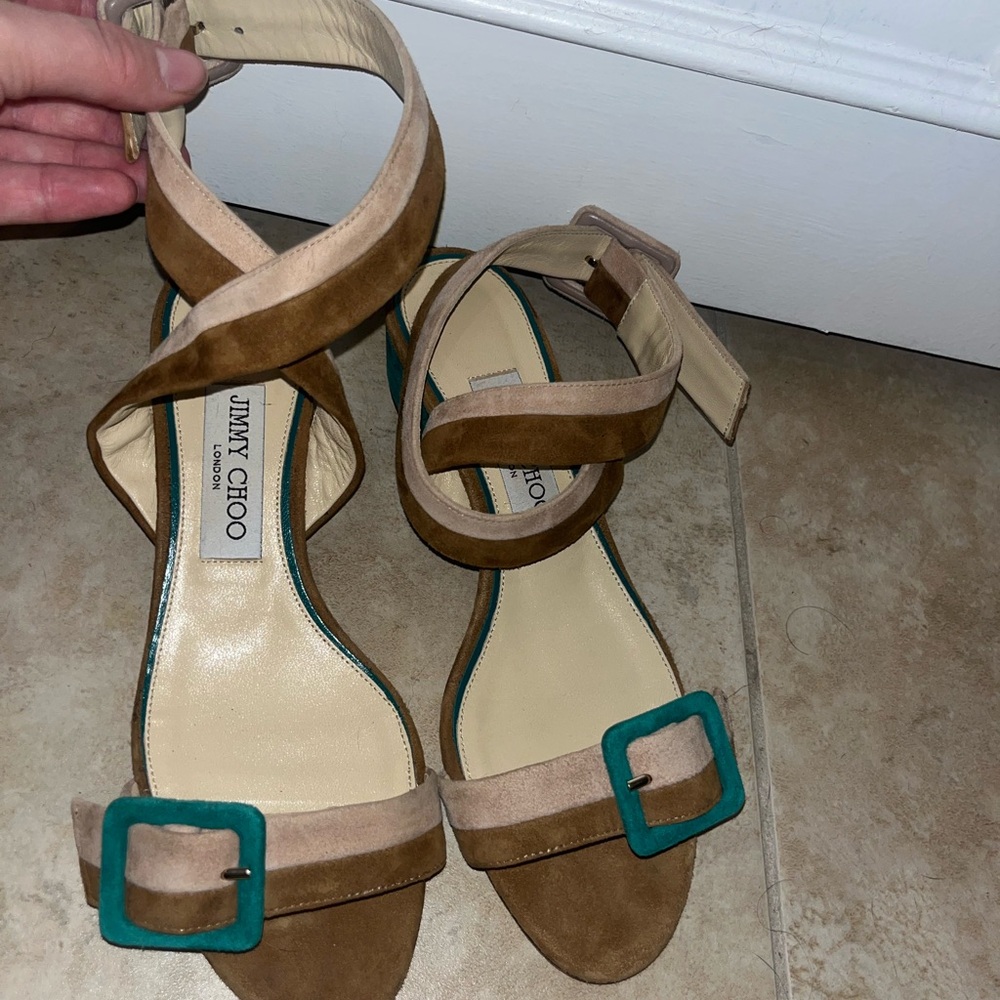 Jimmy Choo Brown and Tan Sandals with Teal Buckle